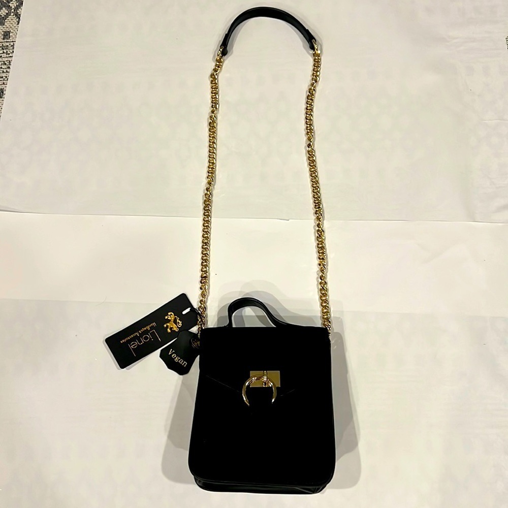 Lionel Elegant Black Shoulder Bag Crossbody with Gold Chain Vegan Leather